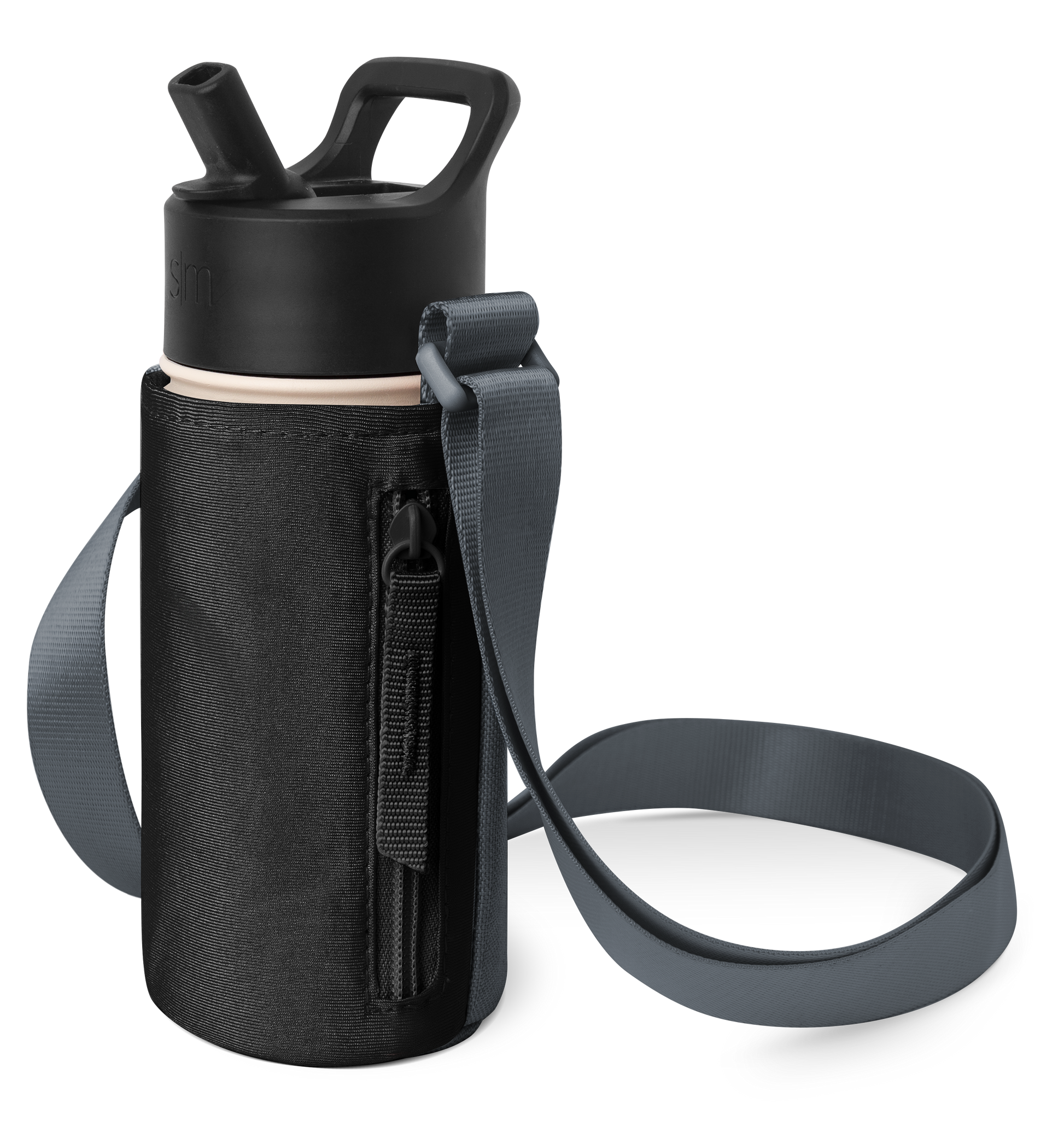 Black water bottle with matching lid next to dark charcoal gray textured carrying case