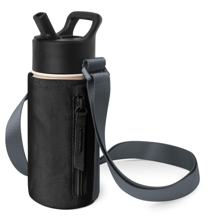 Black water bottle with matching lid next to dark charcoal gray textured carrying case