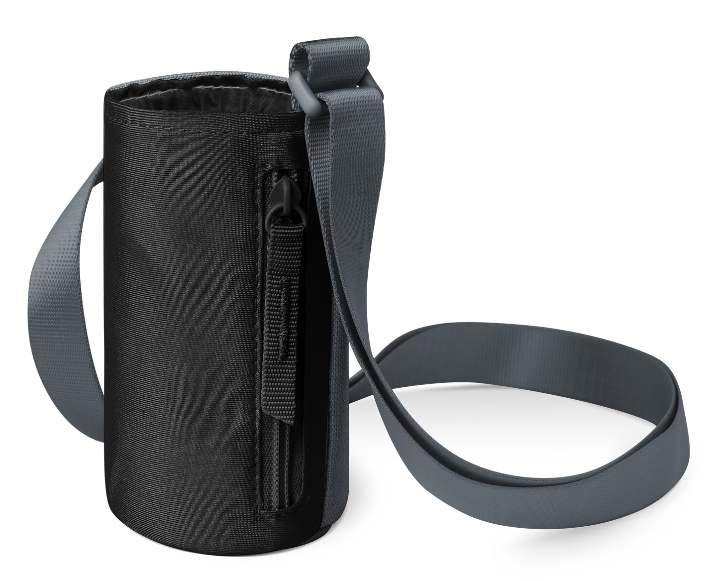 Black textured carrying case with dark gray shoulder strap