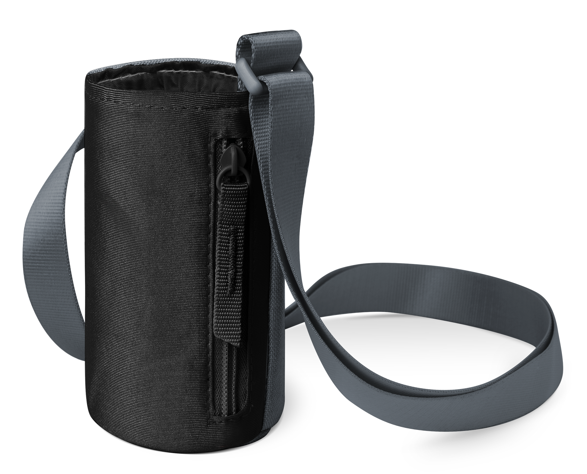 Black textured carrying case with dark gray shoulder strap