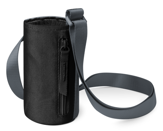 Black textured carrying case with dark gray shoulder strap