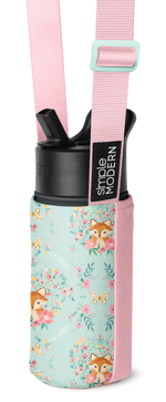Soft pink and mint green insulated drink carrier with adjustable bright pink straps and side panels
