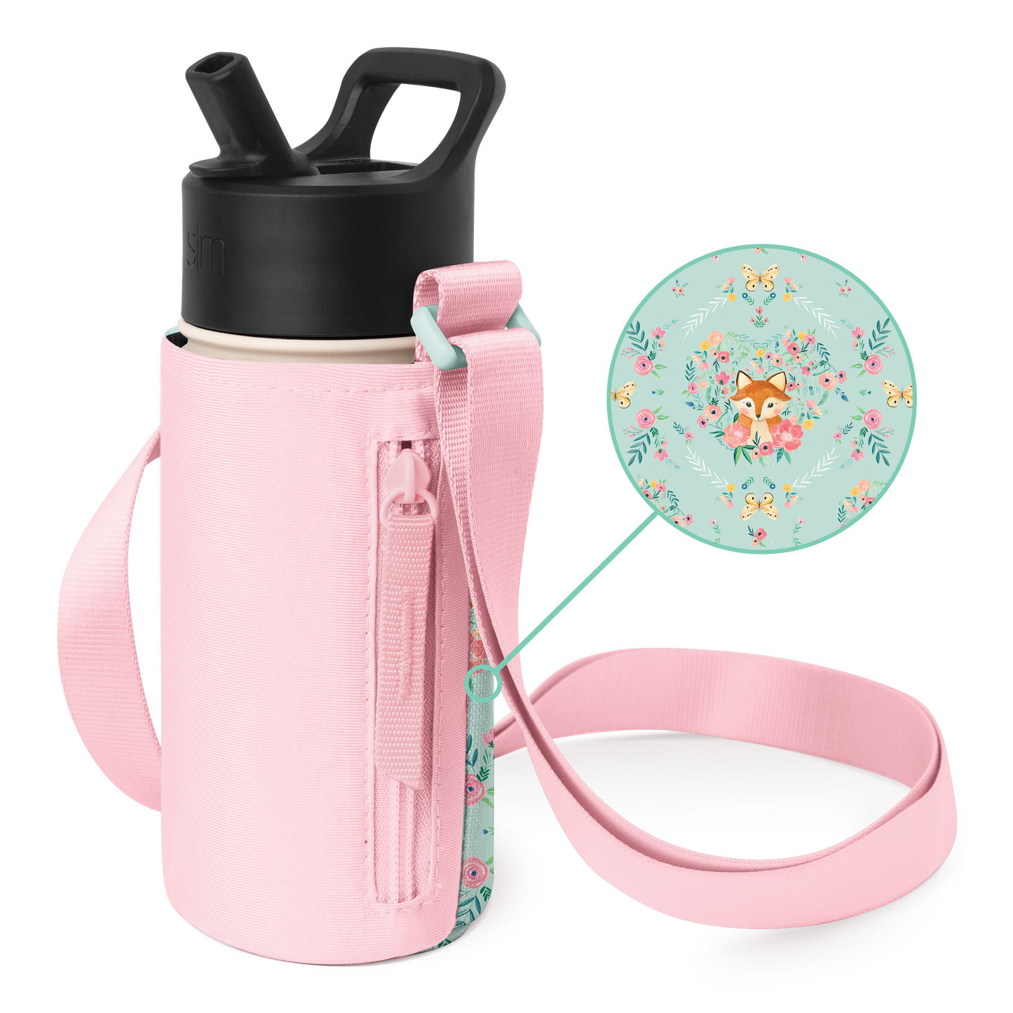 Light pastel pink water bottle with quilted pink insulated carrying sleeve on mint green background