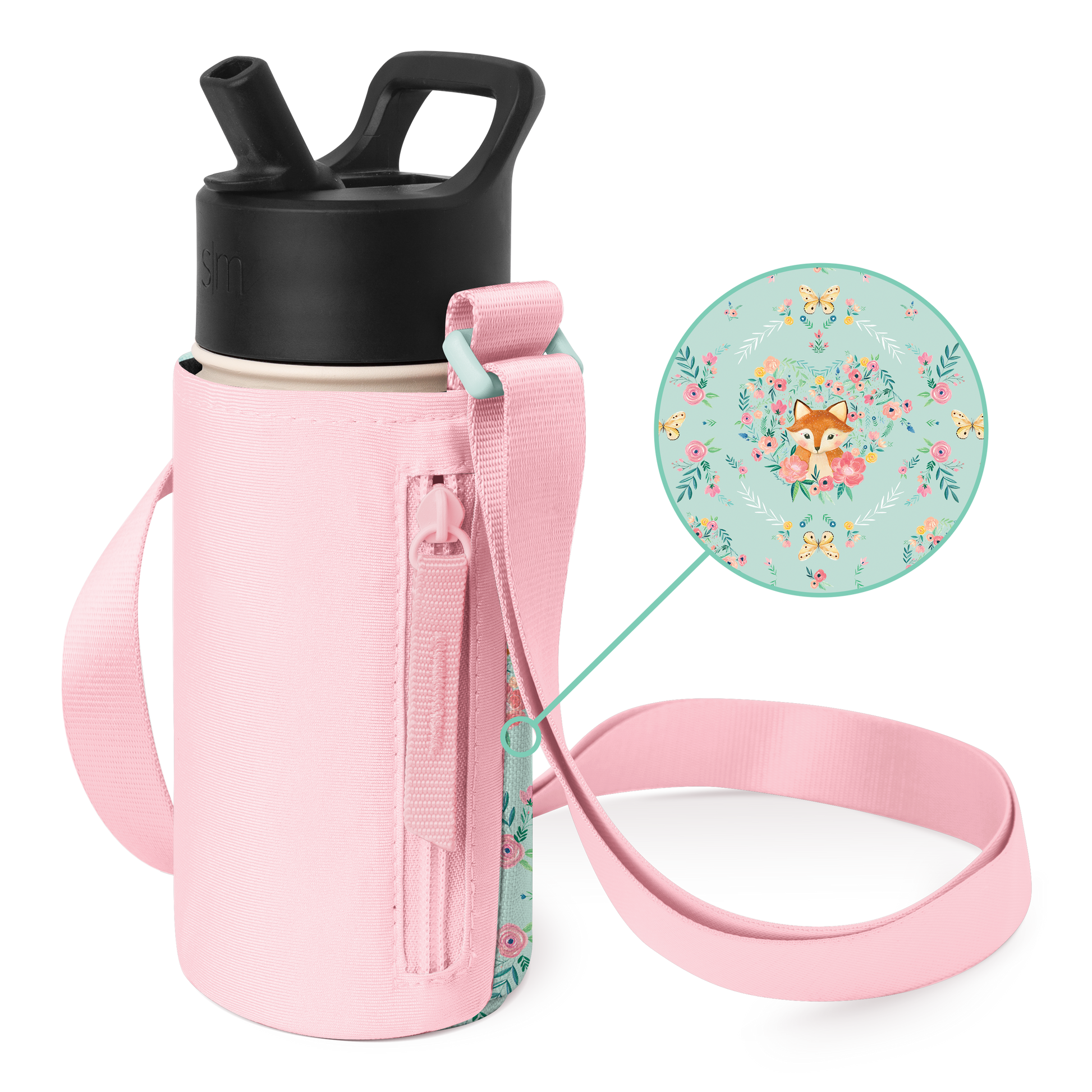 Light pastel pink water bottle with quilted pink insulated carrying sleeve on mint green background