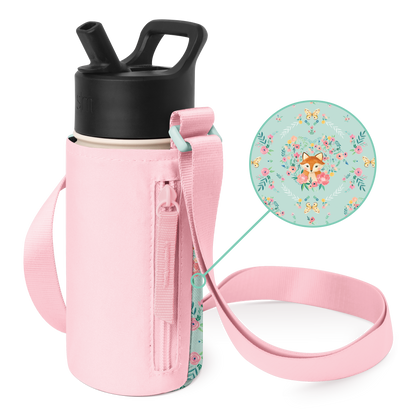 Light pastel pink water bottle with quilted pink insulated carrying sleeve on mint green background