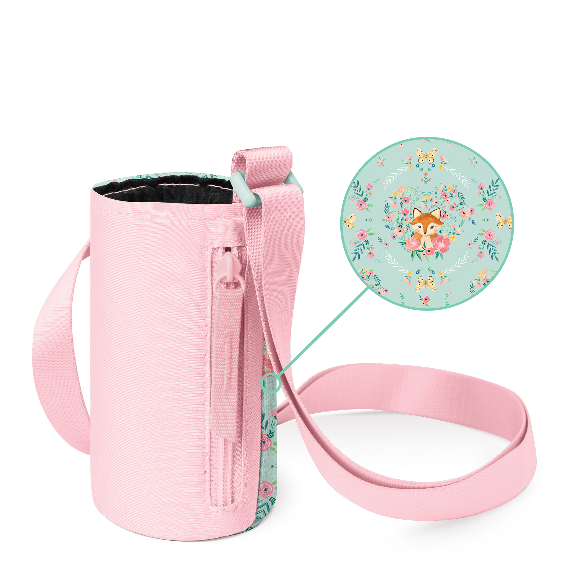 Soft pink bottle carrier with mint green accents on light neutral background