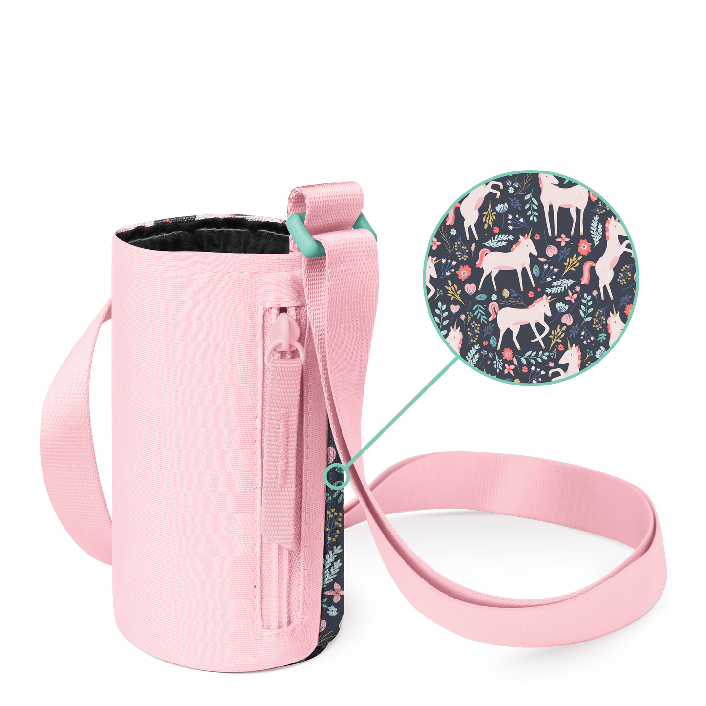 Pink cosmetic bag with navy blue and mint green accents, white background, dark interior lining visible