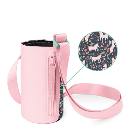 Pink cosmetic bag with navy blue and mint green accents, white background, dark interior lining visible