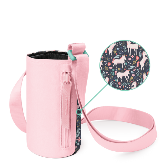 Pink cosmetic bag with navy blue and mint green accents, white background, dark interior lining visible