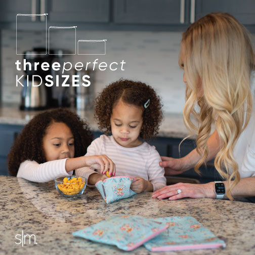 Ellie Snack Bag product displayed on modern kitchen counter with gray cabinetry and white countertops