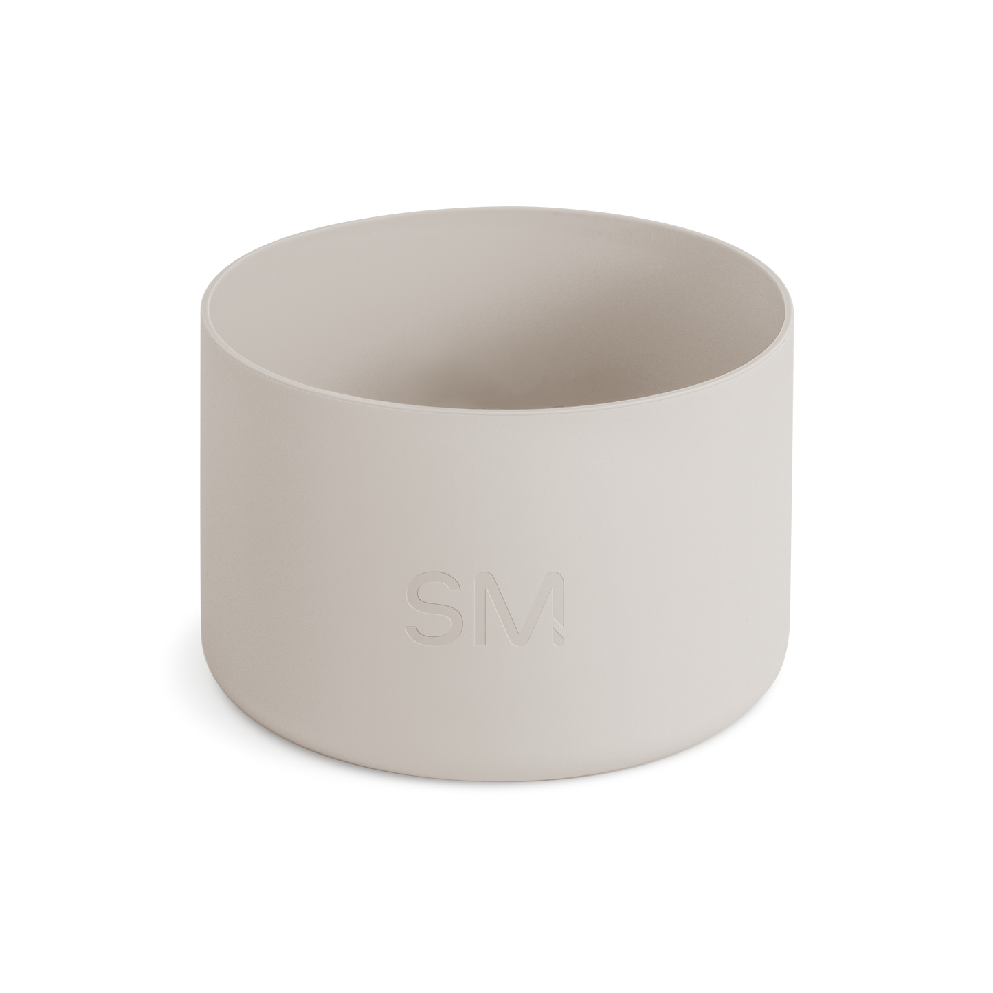 Off-white matte cylindrical boot product on pale beige background. Neutral, warm cream color palette with soft lighting.