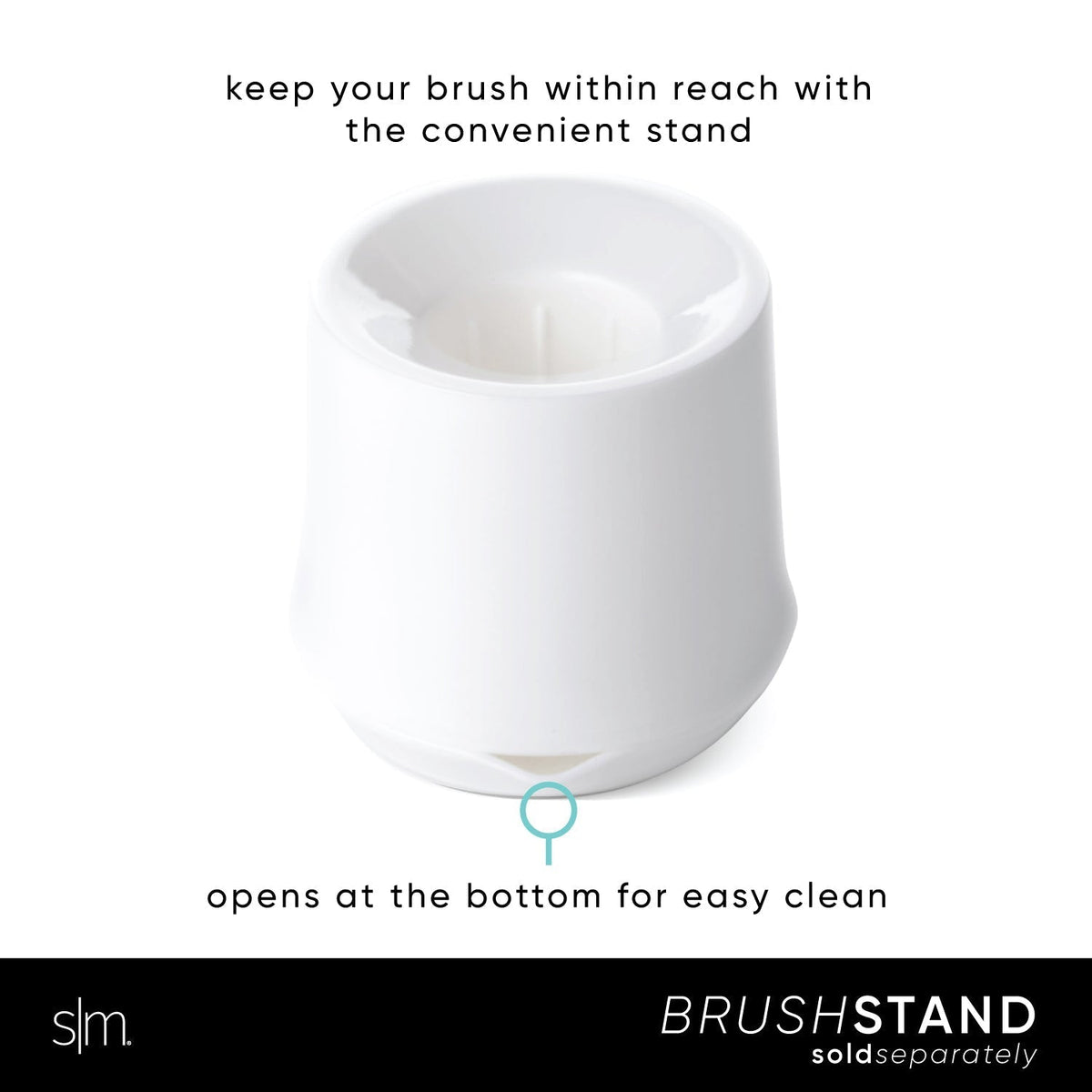 White cylindrical bottle brush stand with compartments, turquoise circular opening at bottom, on white background