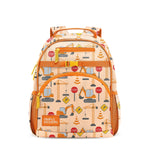 Peachy-beige children's backpack with bright orange accents, padded straps, multiple zippered compartments, mesh pockets, and construction-themed print in yellow, red, and blue. Simple Modern logo on front.