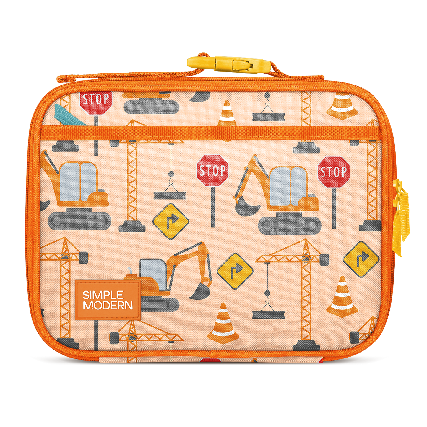 Orange insulated lunch bag with cream interior, yellow handle and zipper pulls, featuring construction-themed pattern with gray, blue, and red accents. SIMPLE MODERN branding on front.