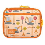 Orange insulated lunch bag with cream interior, yellow handle and zipper pulls, featuring construction-themed pattern with gray, blue, and red accents. SIMPLE MODERN branding on front.