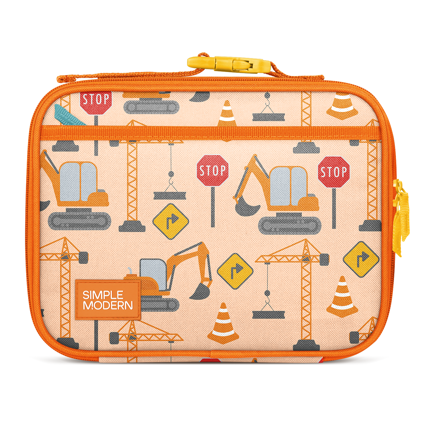 Orange insulated lunch bag with cream interior, yellow handle and zipper pulls, featuring construction-themed pattern with gray, blue, and red accents. SIMPLE MODERN branding on front.