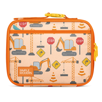 Orange insulated lunch bag with cream interior, yellow handle and zipper pulls, featuring construction-themed pattern with gray, blue, and red accents. SIMPLE MODERN branding on front.