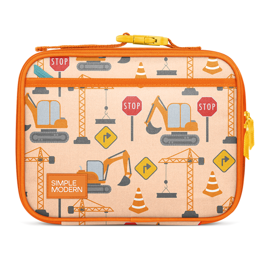 Orange insulated lunch bag with cream interior, yellow handle and zipper pulls, featuring construction-themed pattern with gray, blue, and red accents. SIMPLE MODERN branding on front.