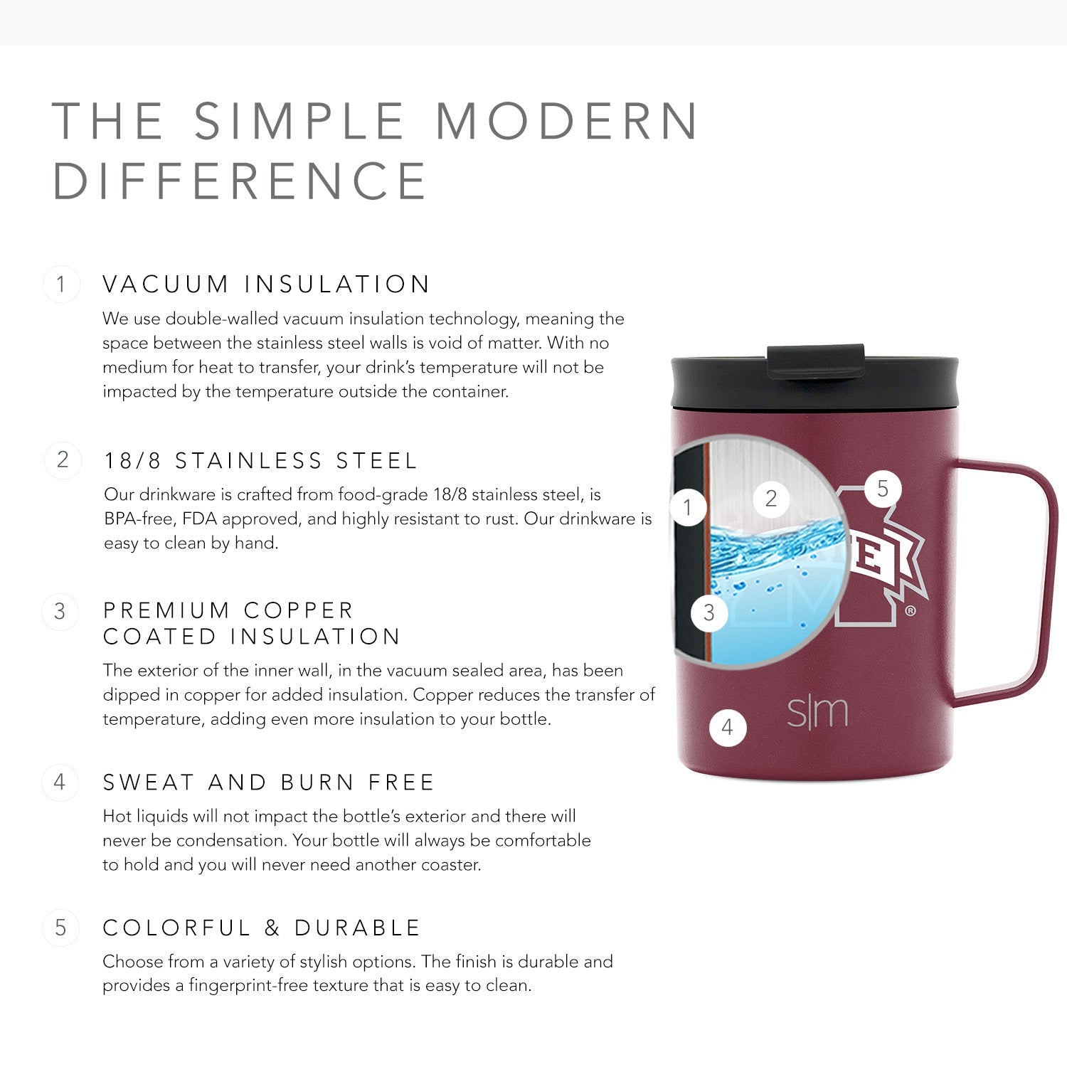 Deep burgundy insulated drinkware with black lid on soft gray and white background