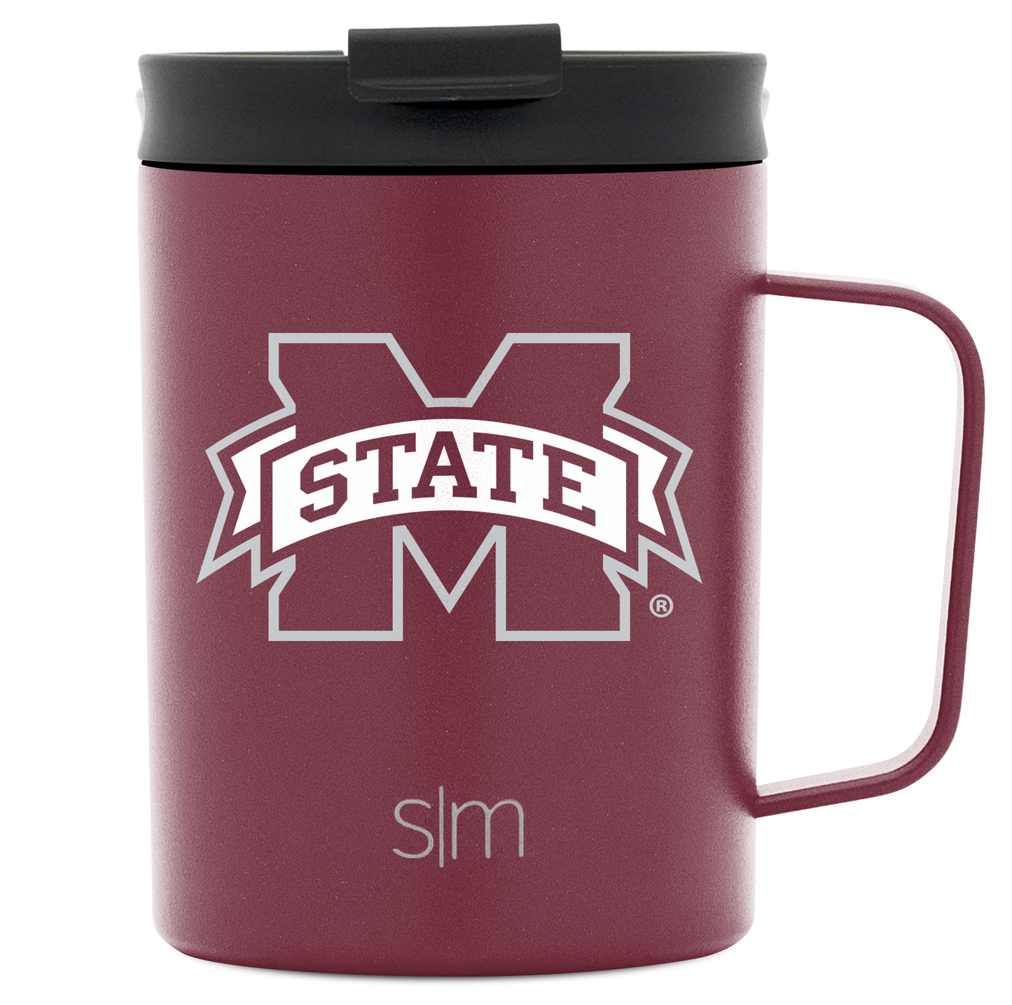Deep burgundy ceramic mug with charcoal gray lid and handle, featuring a rich, sophisticated design with strong color contrast