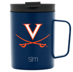 Navy blue mug with charcoal gray lid featuring University of Virginia logo, viewed from front angle