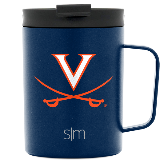 Navy blue mug with charcoal gray lid featuring University of Virginia logo, viewed from front angle