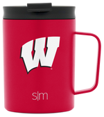 Red insulated mug with charcoal gray lid on white background, front view product shot