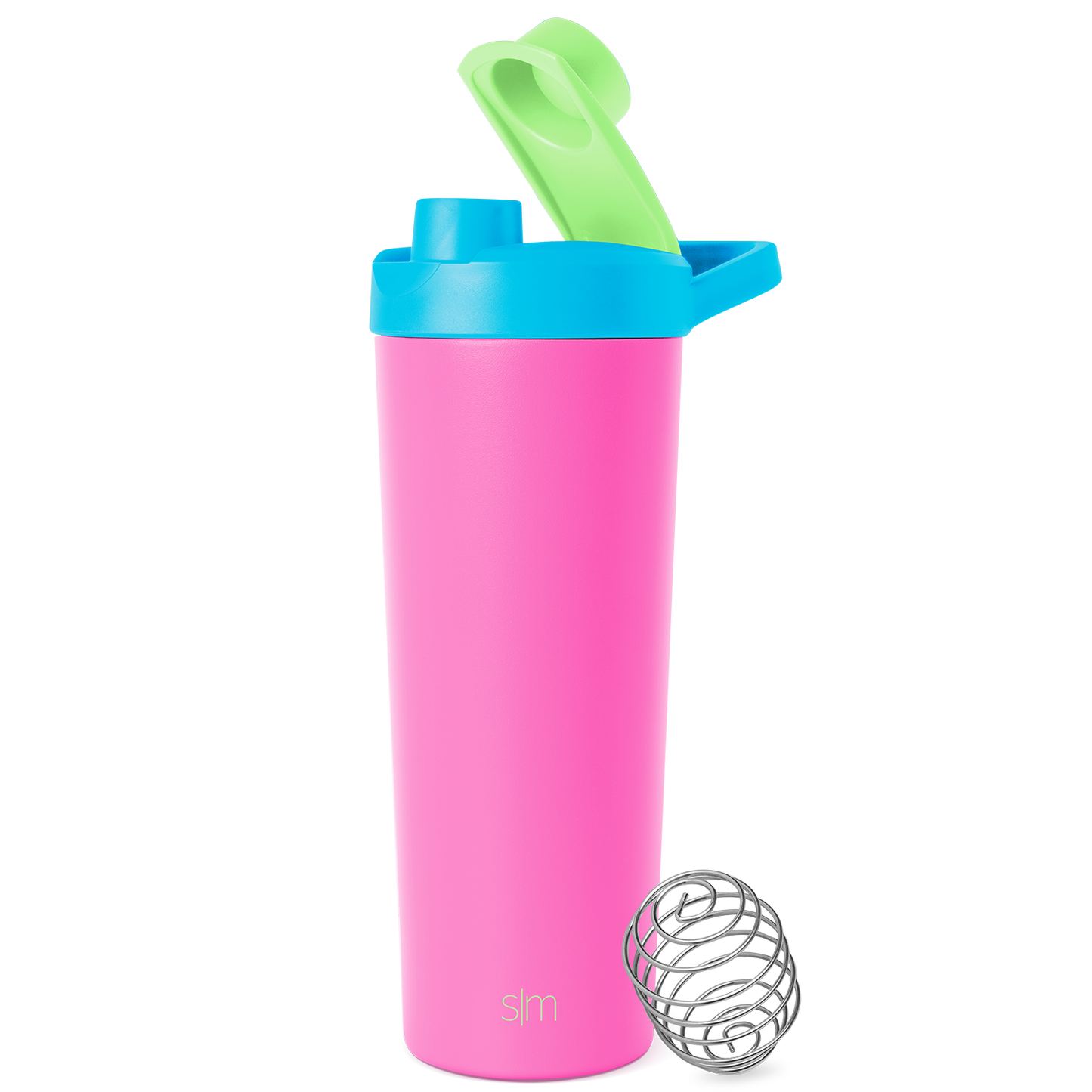 Simple Modern hot pink cylindrical shaker bottle with secure lid, centered against white background