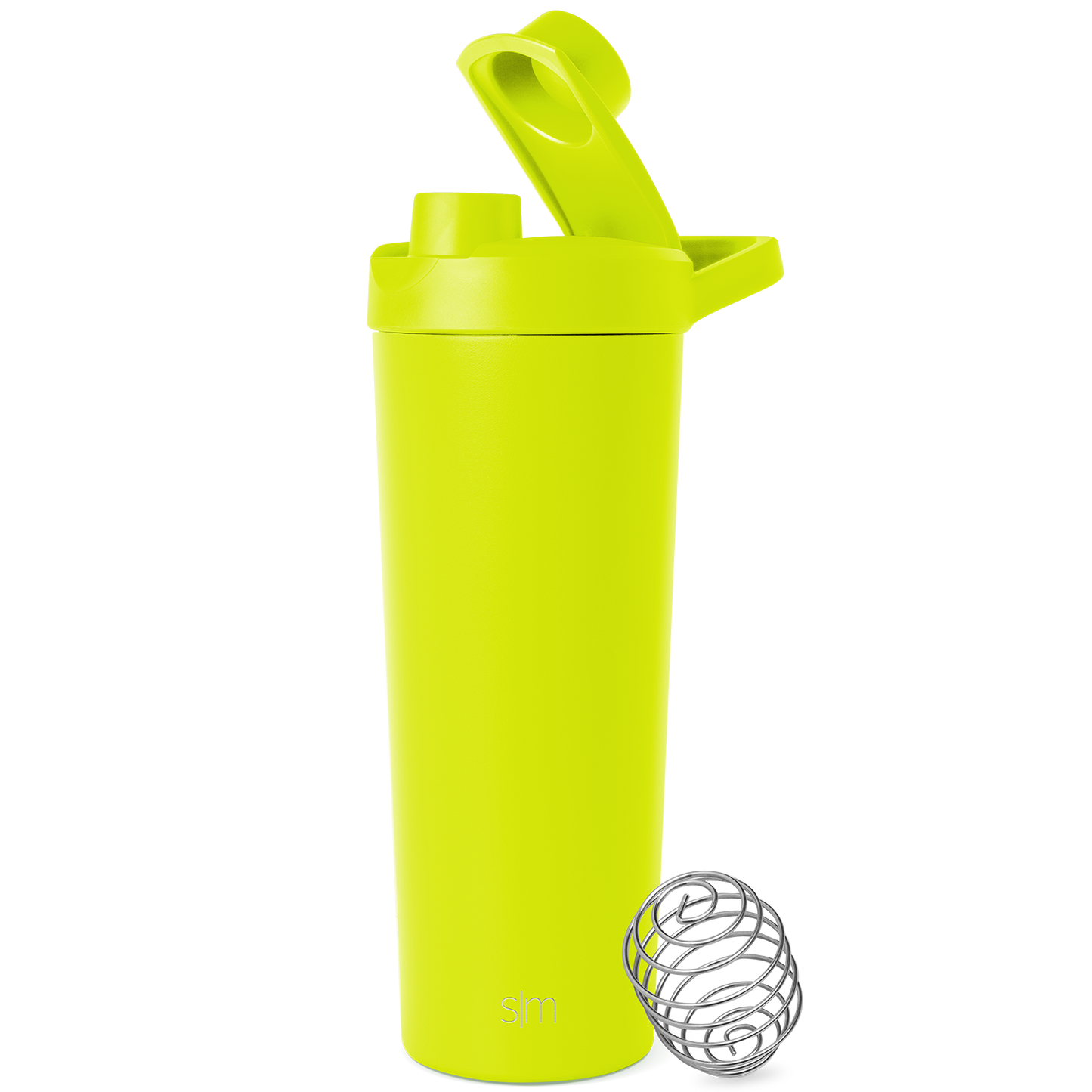 Bright neon yellow-green stainless steel water bottle with matching lid against a white background