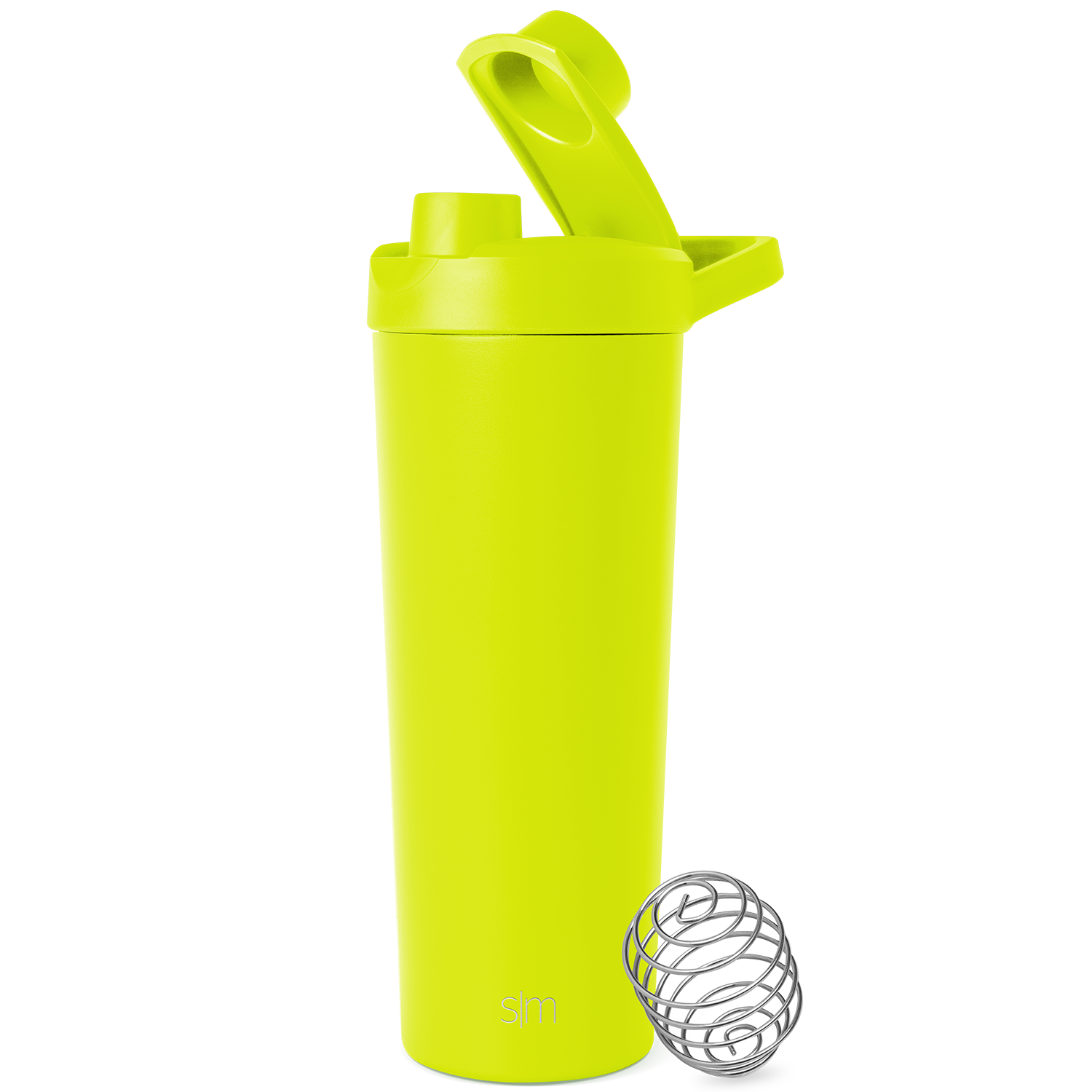 Bright neon yellow-green stainless steel water bottle with matching lid against a white background