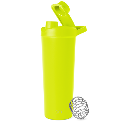 Bright neon yellow-green stainless steel water bottle with matching lid against a white background