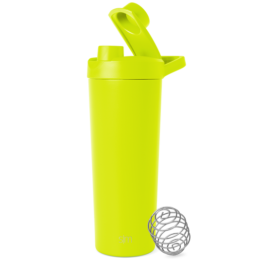 Bright neon yellow-green stainless steel water bottle with matching lid against a white background
