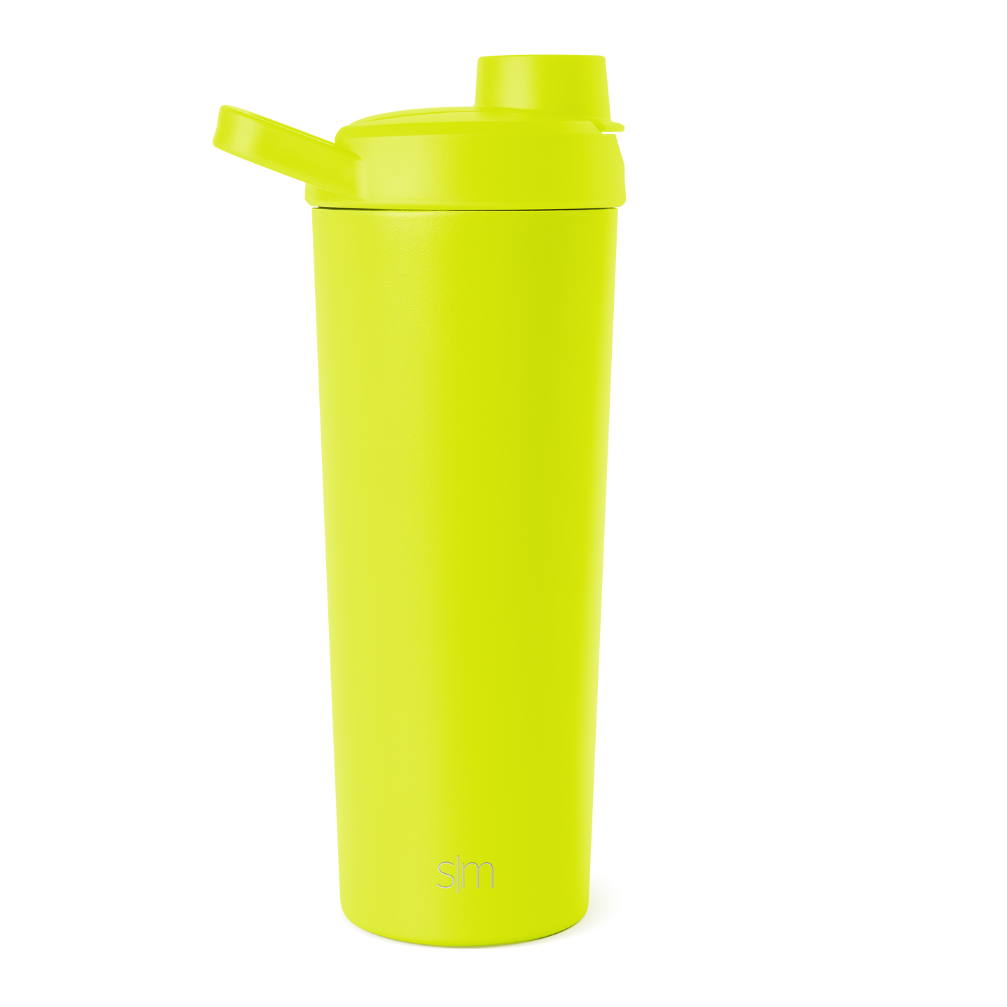 Neon yellow-green insulated water bottle with cylindrical body, tapered base, and secure top cap
