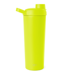 Neon yellow-green insulated water bottle with cylindrical body, tapered base, and secure top cap