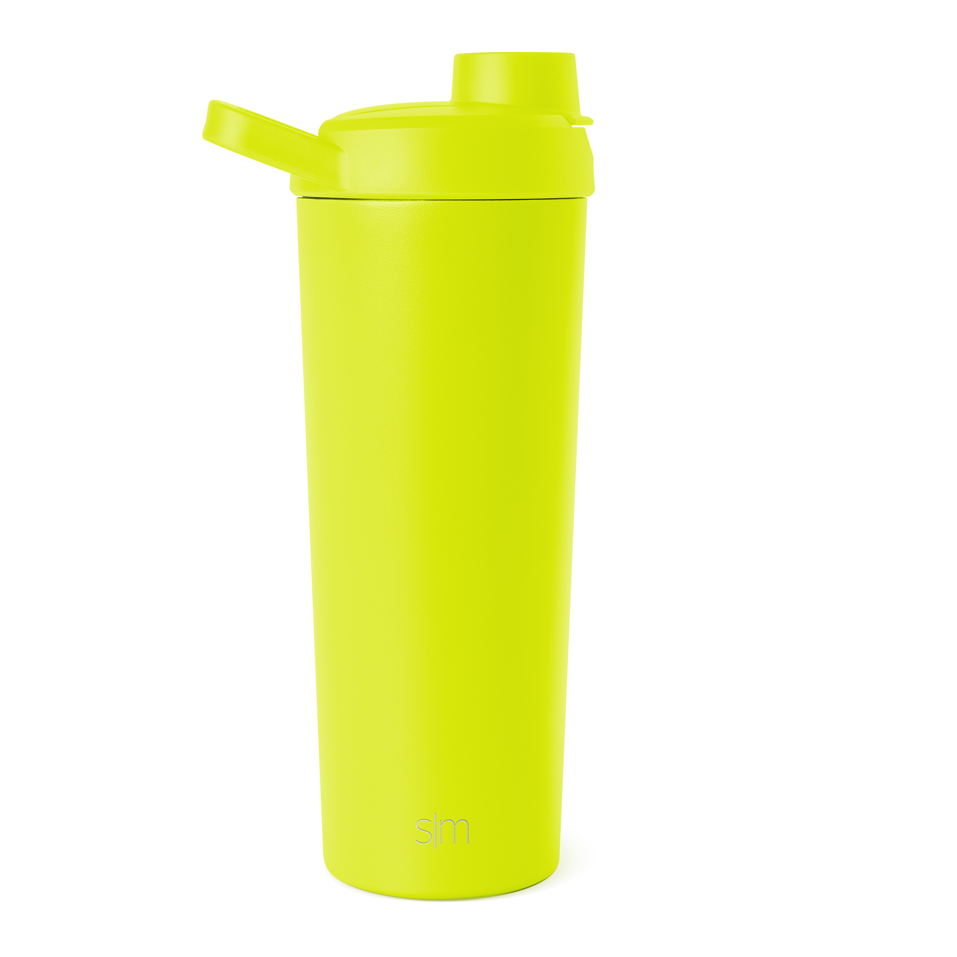 Neon yellow-green insulated water bottle with cylindrical body, tapered base, and secure top cap