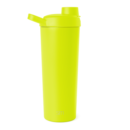 Neon yellow-green insulated water bottle with cylindrical body, tapered base, and secure top cap