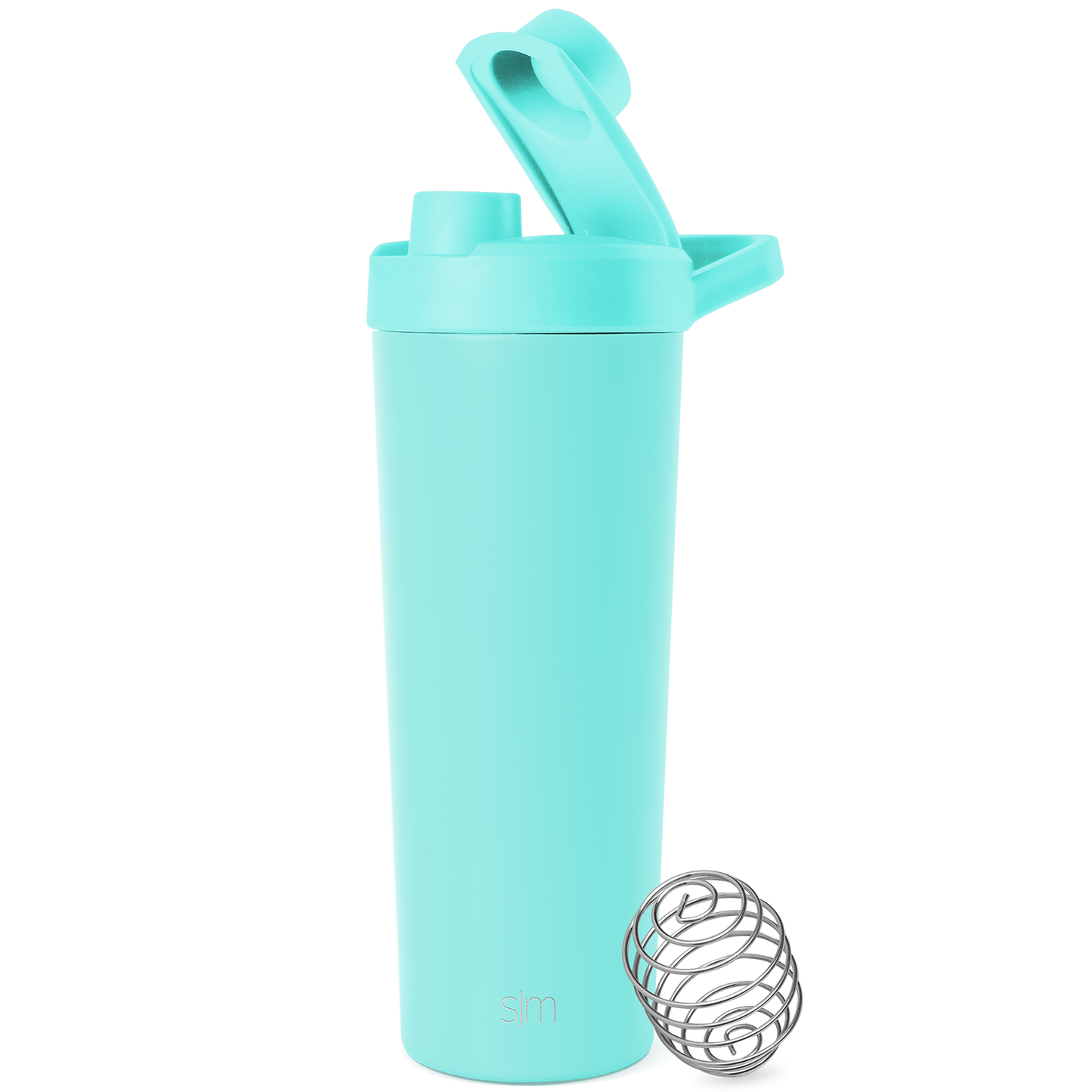 Soft pale turquoise container with stainless steel silver-gray mixing ball on white background