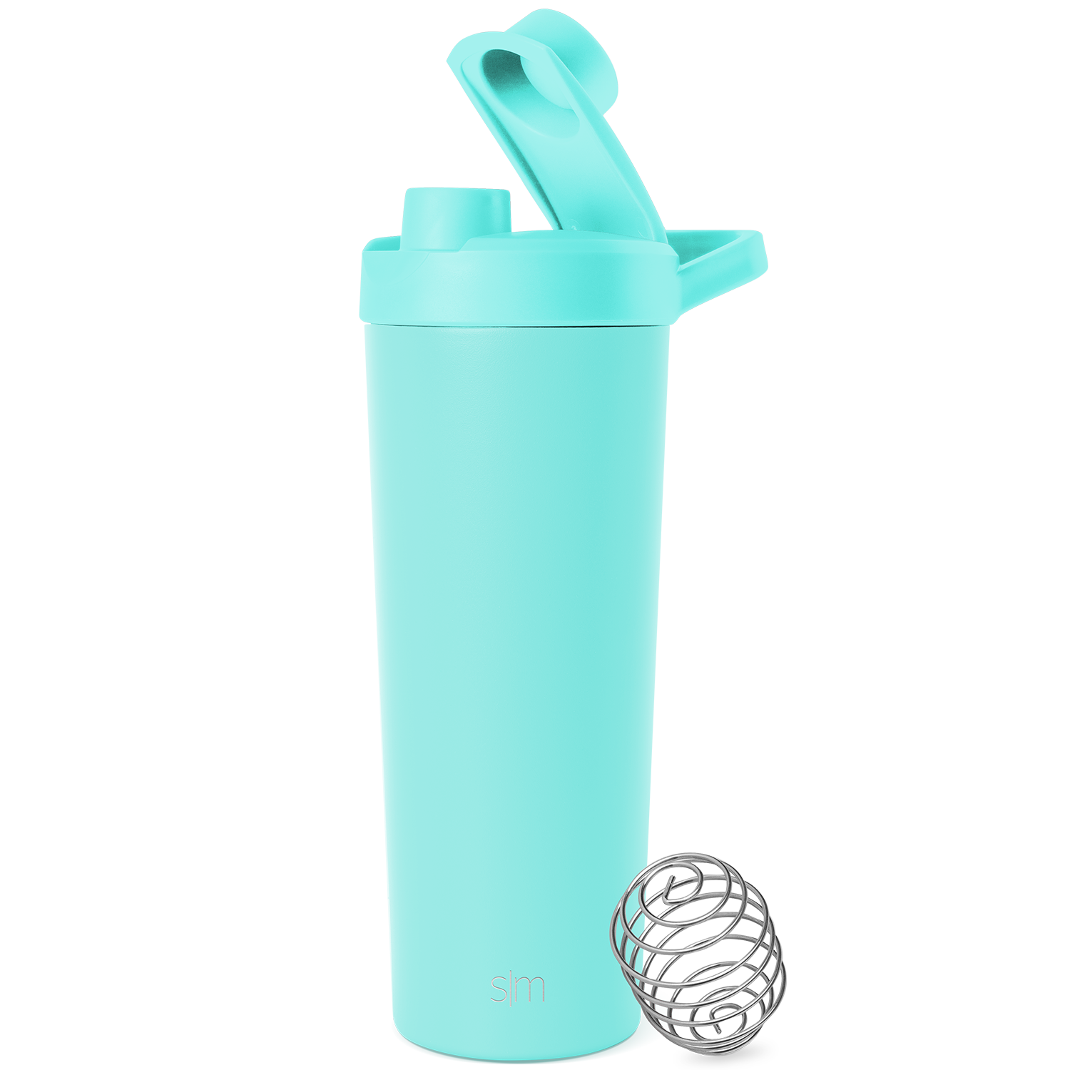 Soft pale turquoise container with stainless steel silver-gray mixing ball on white background
