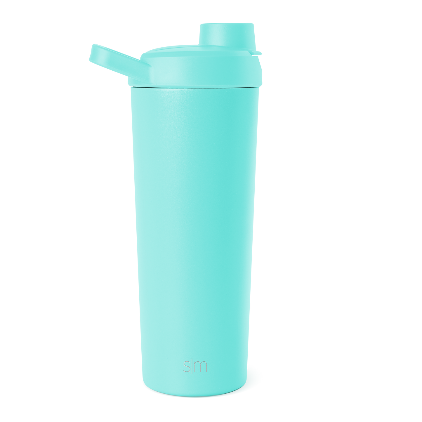 Bright turquoise seafoam water bottle with cylindrical body and lid assembly against white background