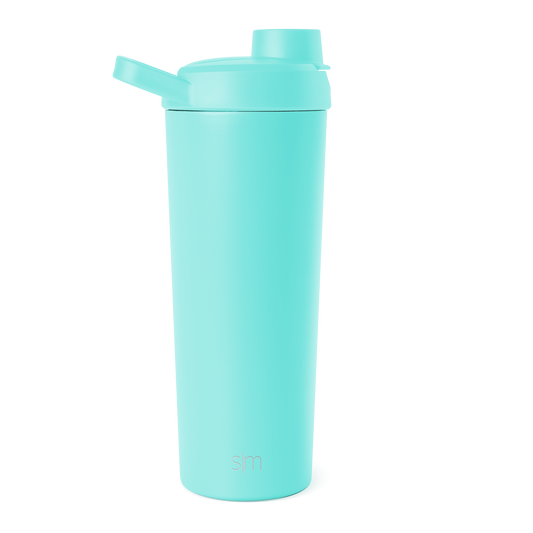 Bright turquoise seafoam water bottle with cylindrical body and lid assembly against white background