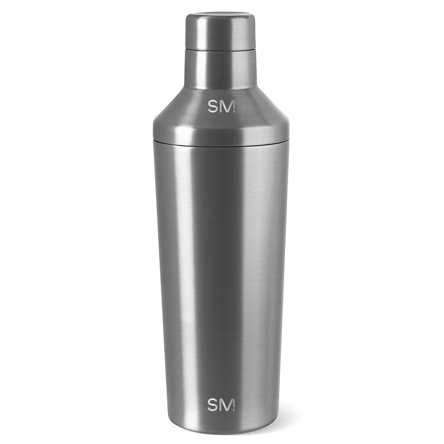 Brushed stainless steel silver product with white SM branding and text elements