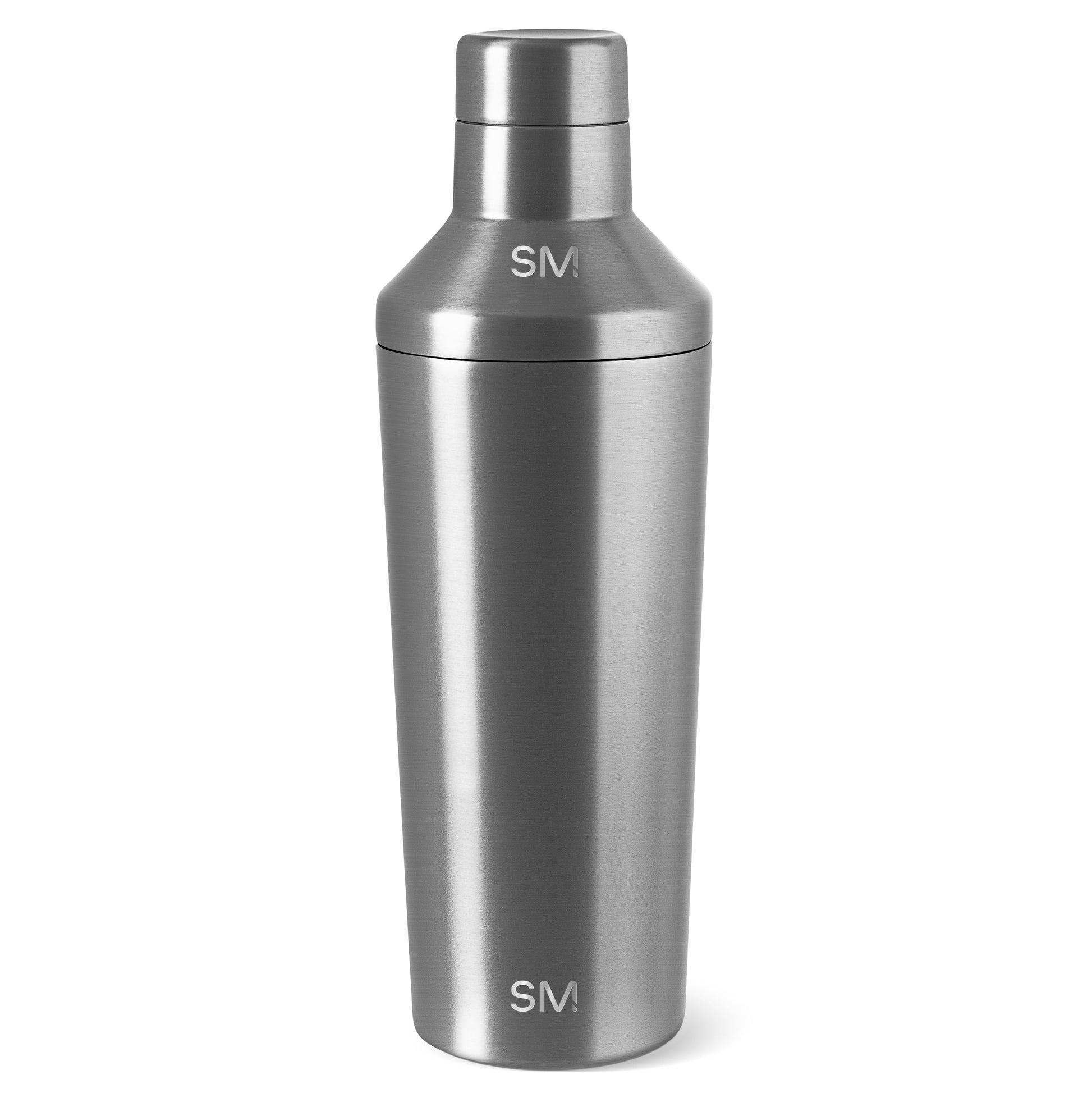 Brushed stainless steel silver product with white SM branding and text elements