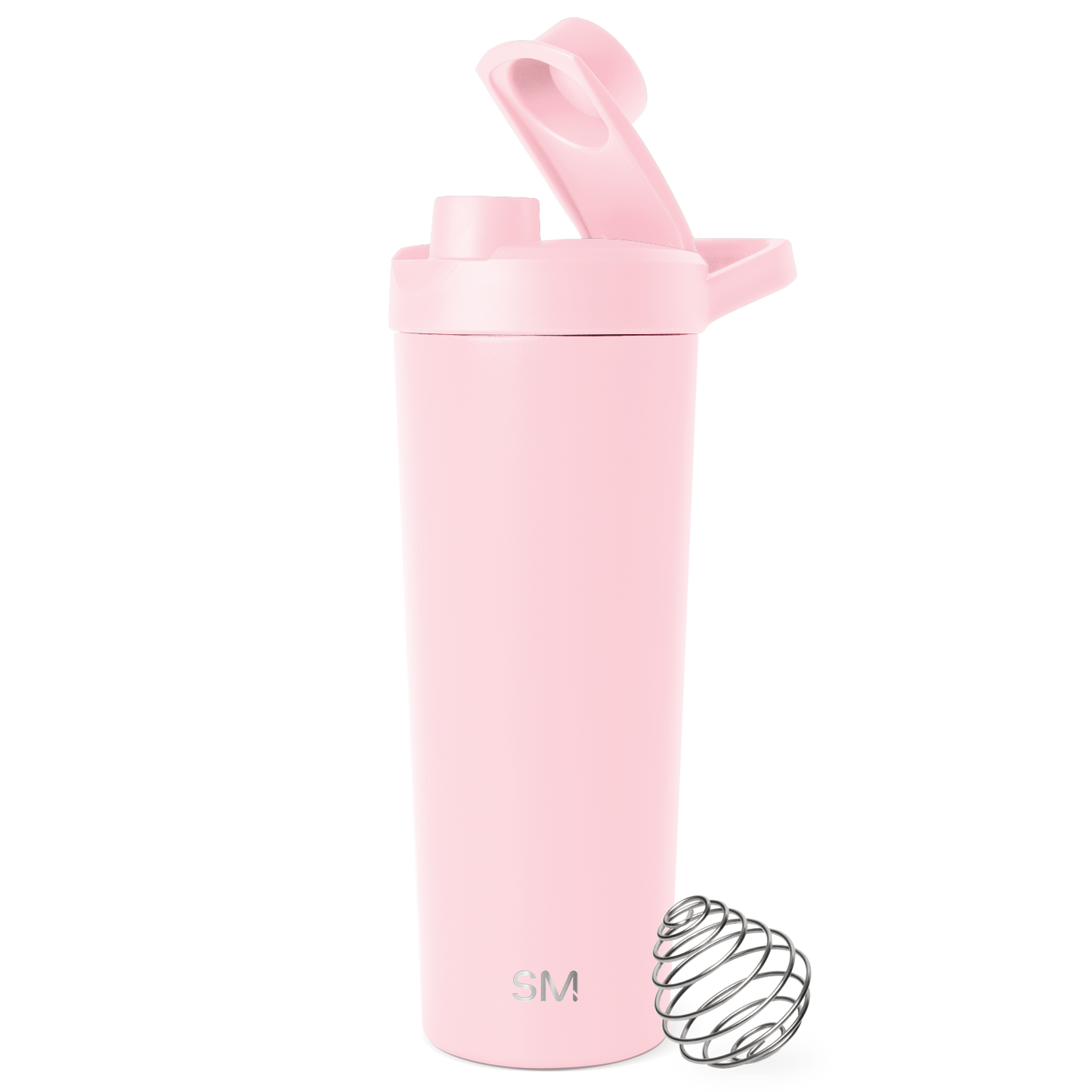 Pale pink cylindrical insulated tumbler with secure lid and carry handle against white background, featuring matte finish and minimalist design.