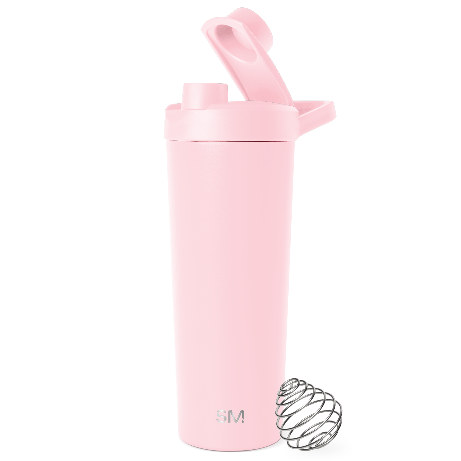 Pale pink cylindrical insulated tumbler with secure lid and carry handle against white background, featuring matte finish and minimalist design.