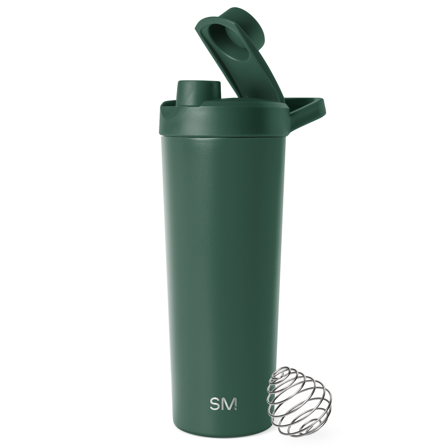 Forest green water bottle with silver-gray metallic mixer attachment