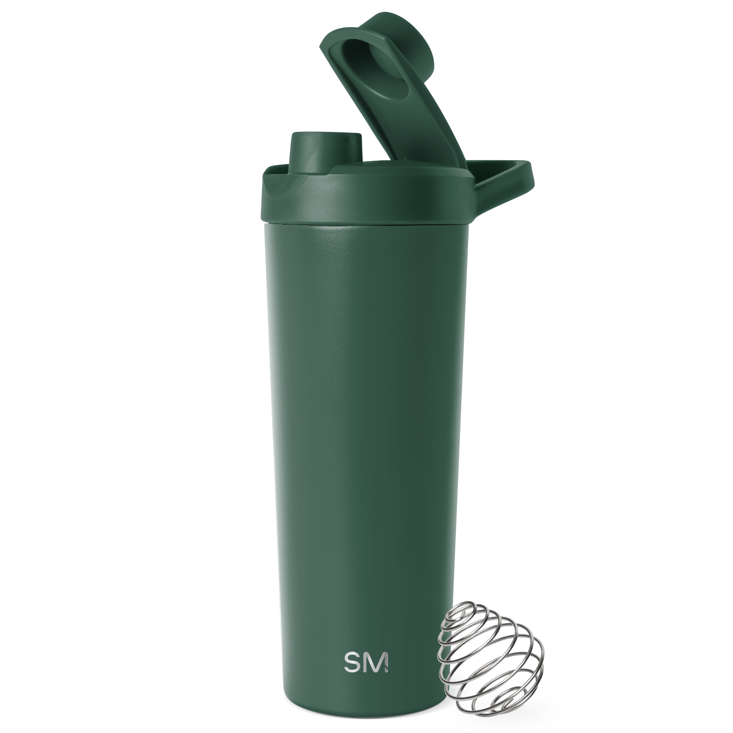 Forest green water bottle with silver-gray metallic mixer attachment