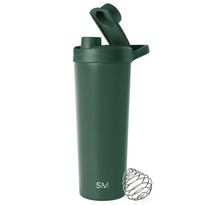 Forest green water bottle with silver-gray metallic mixer attachment