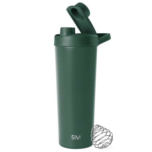 Forest green water bottle with silver-gray metallic mixer attachment