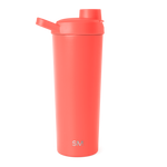 Coral-pink cylindrical water bottle with sleek modern design and tapered body on white background