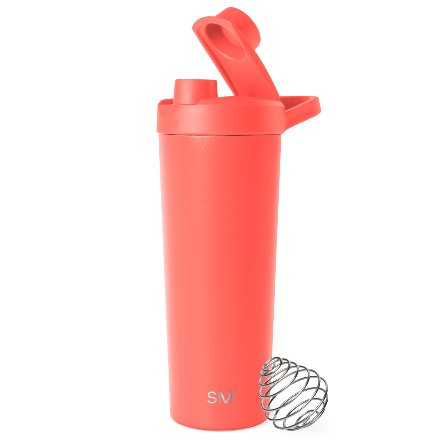 Coral-red insulated tumbler with metallic silver-gray accents and lid
